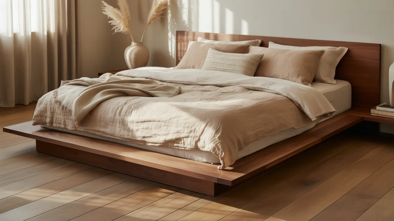 A serene Japandi bedroom with warm wood tones and sculptural simplicity, a low platform bed, earthy neutral bedding, minimal decor, balanced composition, soft filtered light, quiet and elevated atmosphere, luxurious restraint