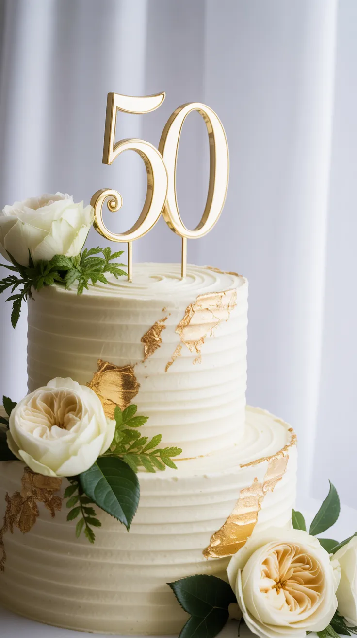 Classic white and gold tiered birthday cake with edible gold leaf and white roses