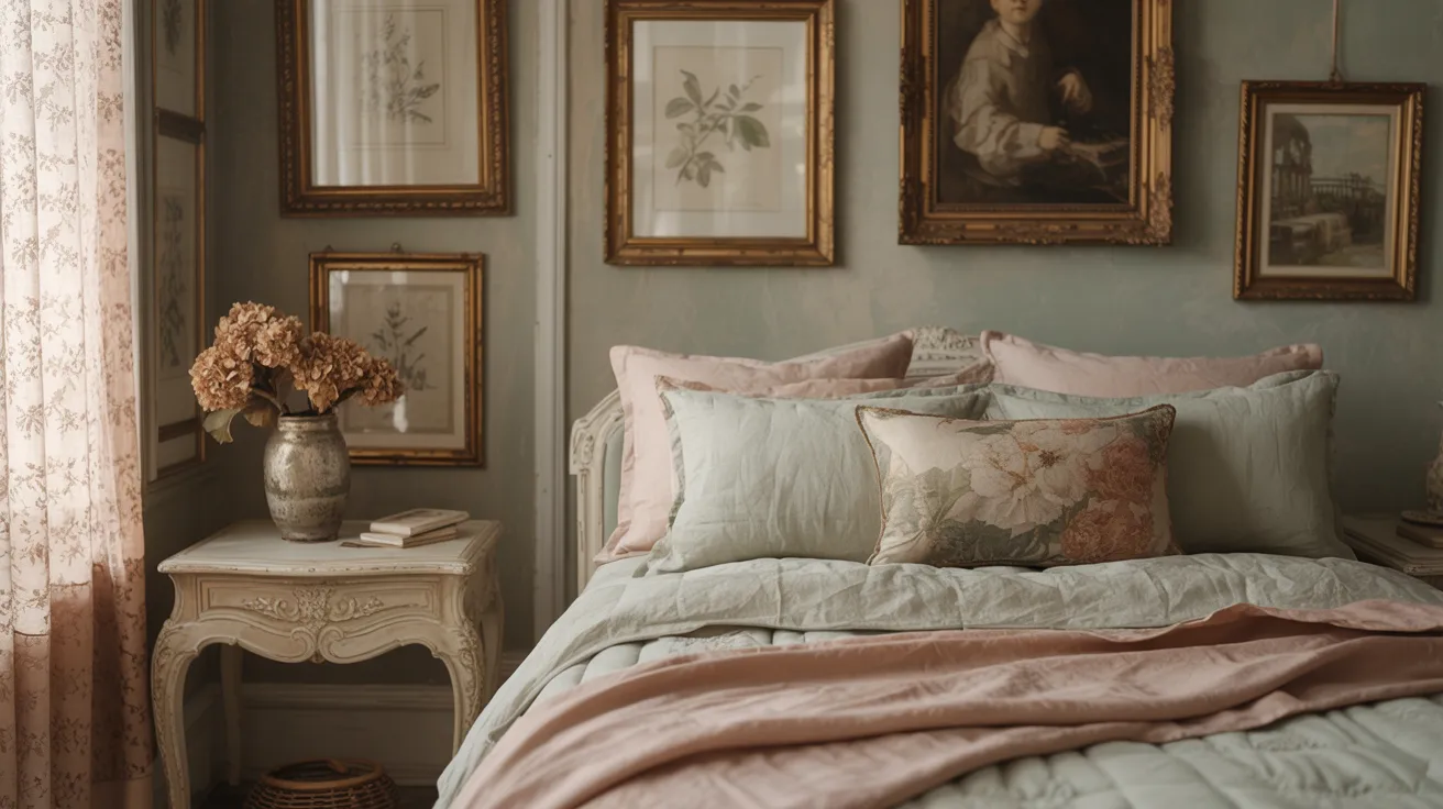 A soft vintage bedroom with muted colors and curated decor, faded floral accents, creamy bedding, antique side table, framed art, warm lighting, charming collected look with graceful vintage warmth