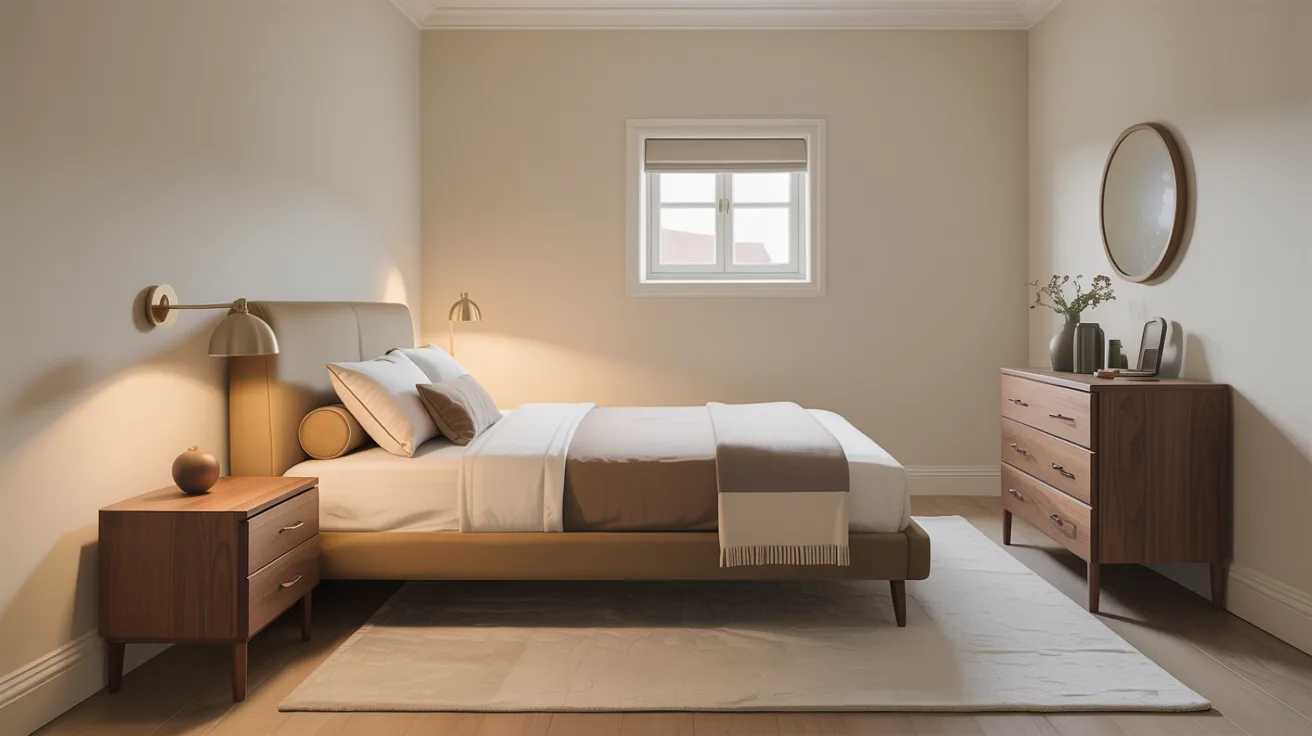 A stylish small bedroom with perfectly scaled furniture, slim nightstand, narrow dresser, compact upholstered bed, wall-mounted lamp, minimal clutter, cozy neutral color palette,  efficient and elegant design for a tight bedroom space