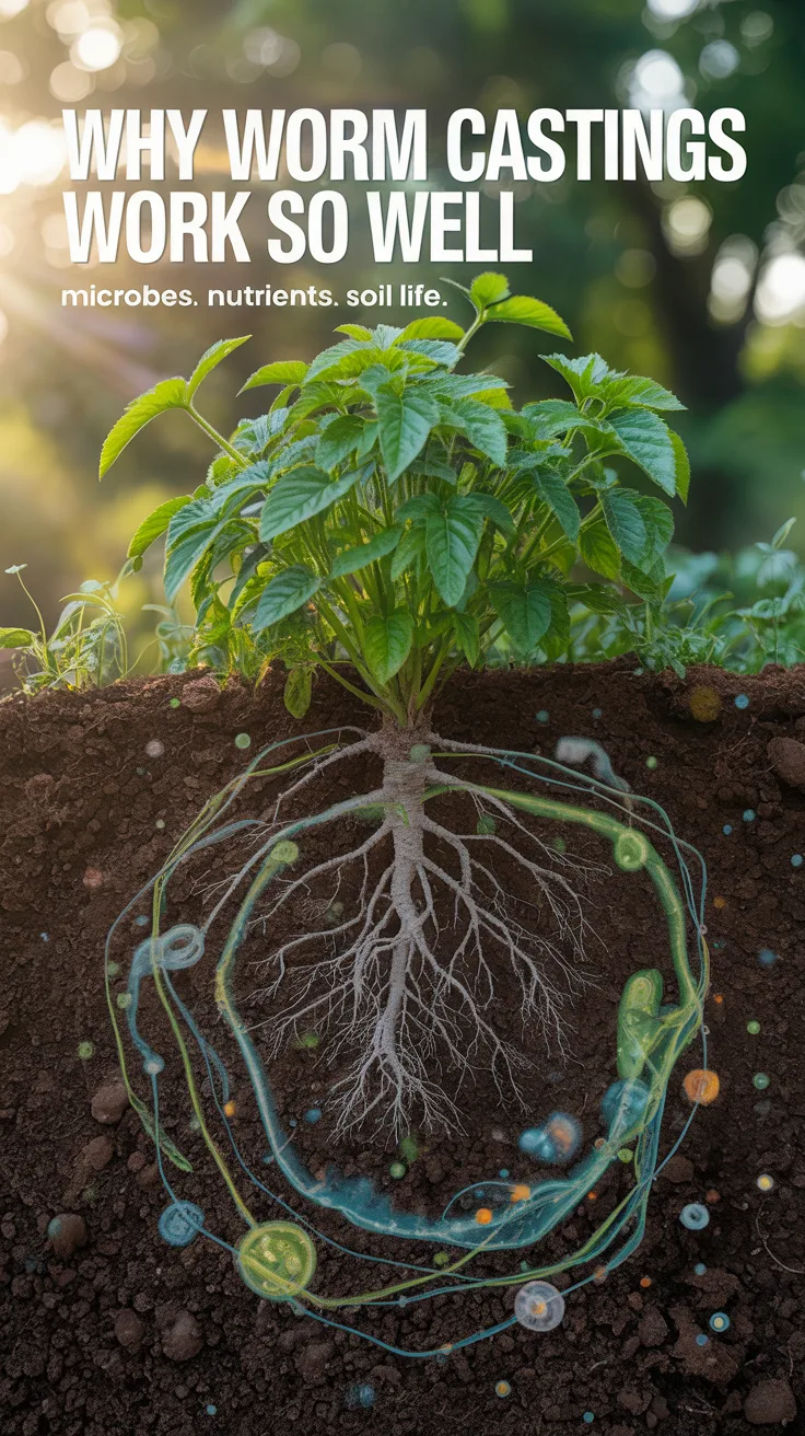 Rich dark soil with visible plant roots and subtle microbial activity overlay, illustrating how worm castings improve soil health and support strong plant growth.