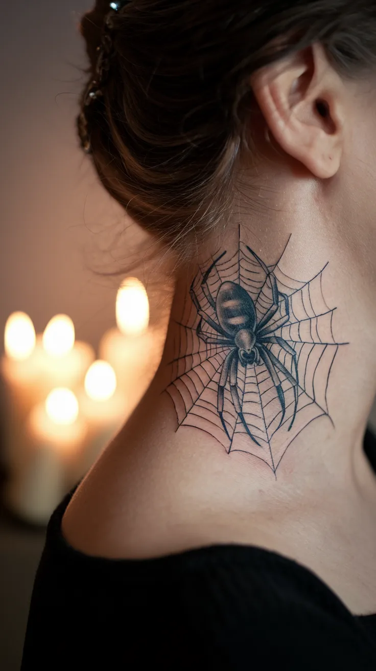 Extreme macro close-up of a tiny, realistic spider tattoo on the side of a woman's neck, near the hairline. The spider is detailed with fine lines. Soft, warm candlelight. Intriguing and delicate.