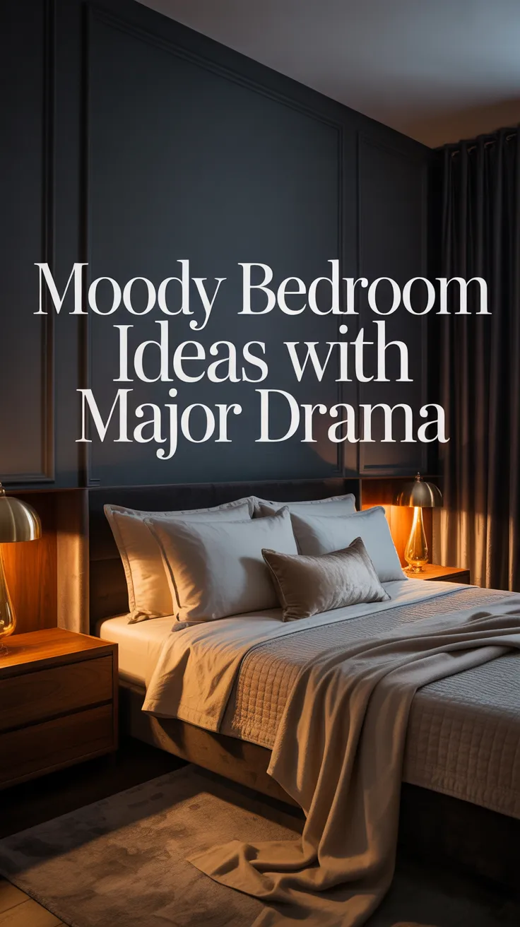 A dramatic moody bedroom with dark walls and warm lighting,  charcoal or deep olive walls, layered cream bedding for contrast, dark wood furniture, glowing bedside lamps, soft shadows, plush textures, luxe styling, cozy yet sophisticated atmosphere, realistic editorial photography, high-end moody bedroom inspiration, intimate and elegant, strong contrast