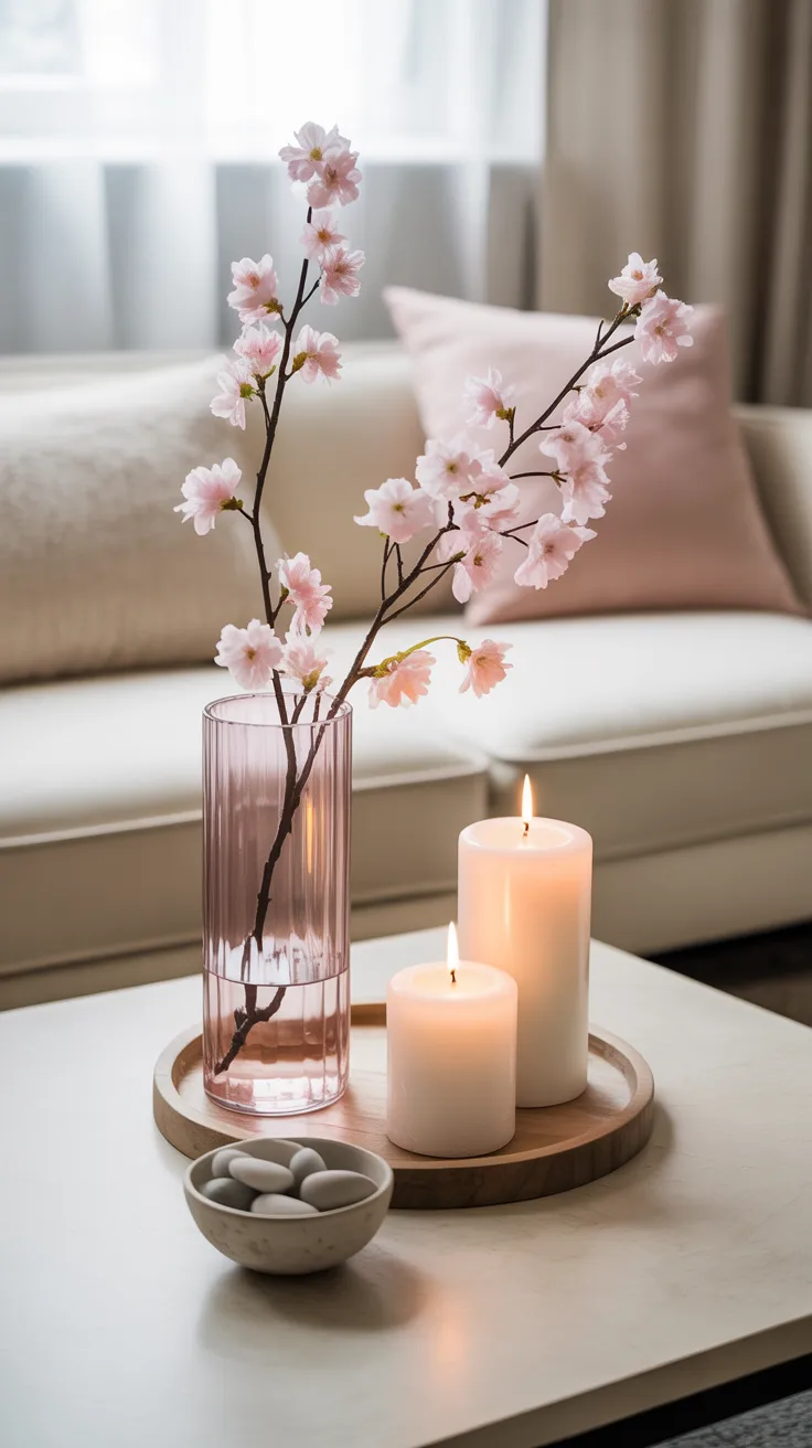 Minimalist spring coffee table with cherry blossom and white candles