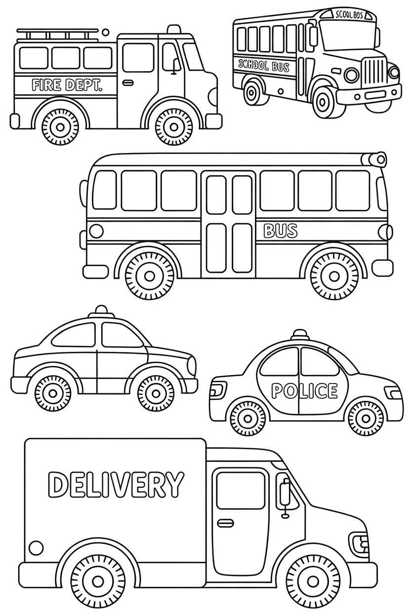 5 Vehicles coloring pages free printable