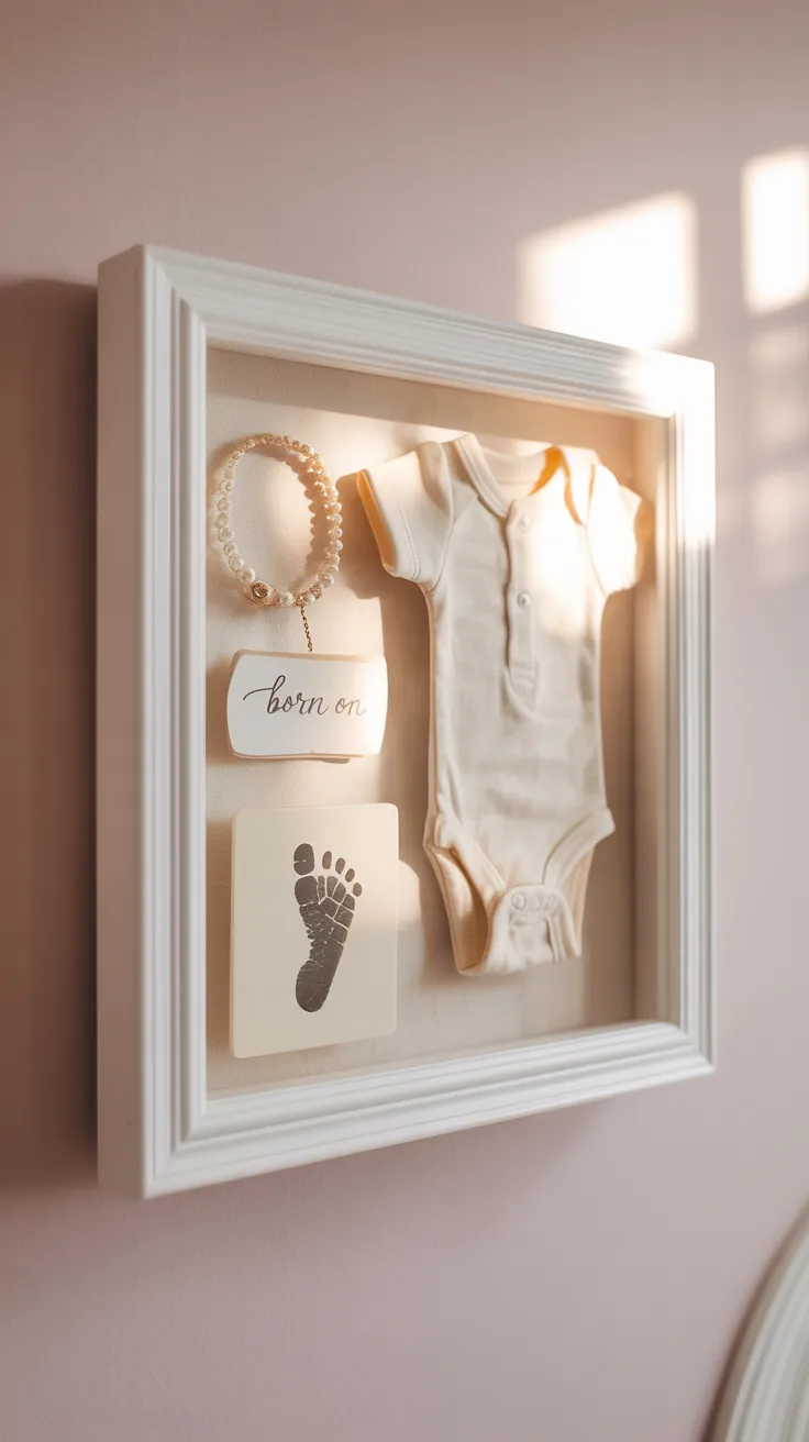 Open baby memory book with monthly milestone page, photo insert and pressed dried flower