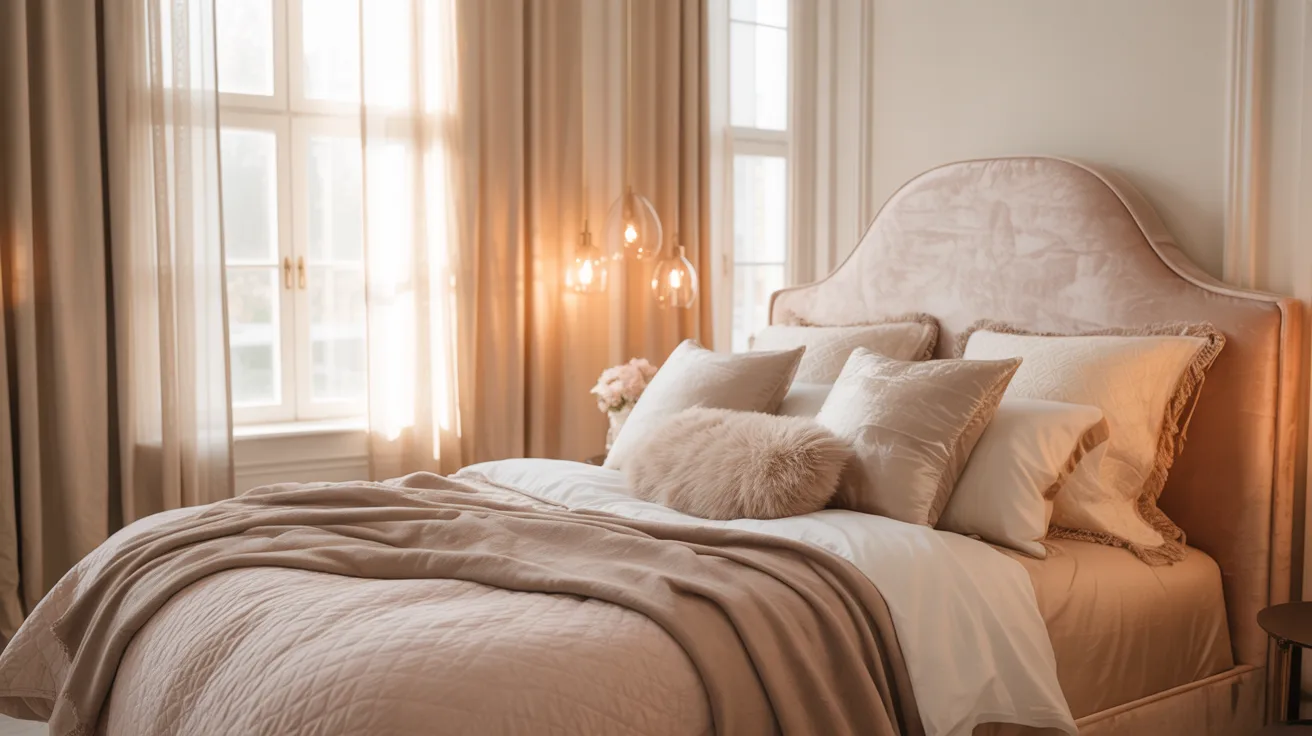 A dreamy romantic bedroom in blush, ivory, champagne, and taupe, plush upholstered headboard, soft layered bedding, delicate lighting, airy curtains, graceful feminine atmosphere, warm and luxurious design