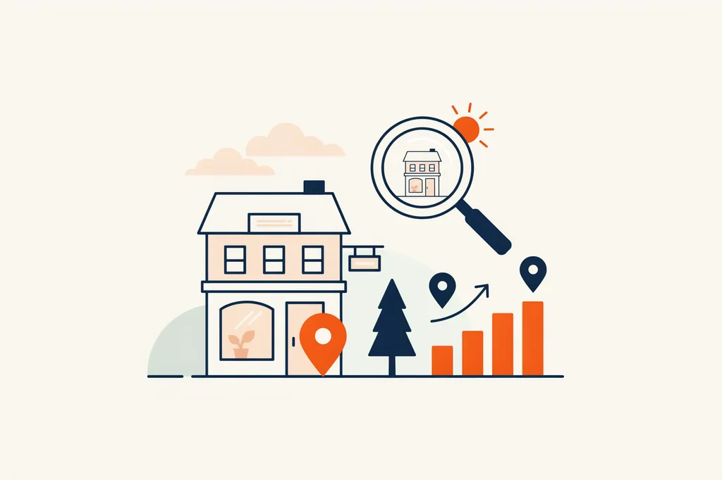 Illustration of a Victoria BC storefront being found in local search, with map pins and a rising ranking chart