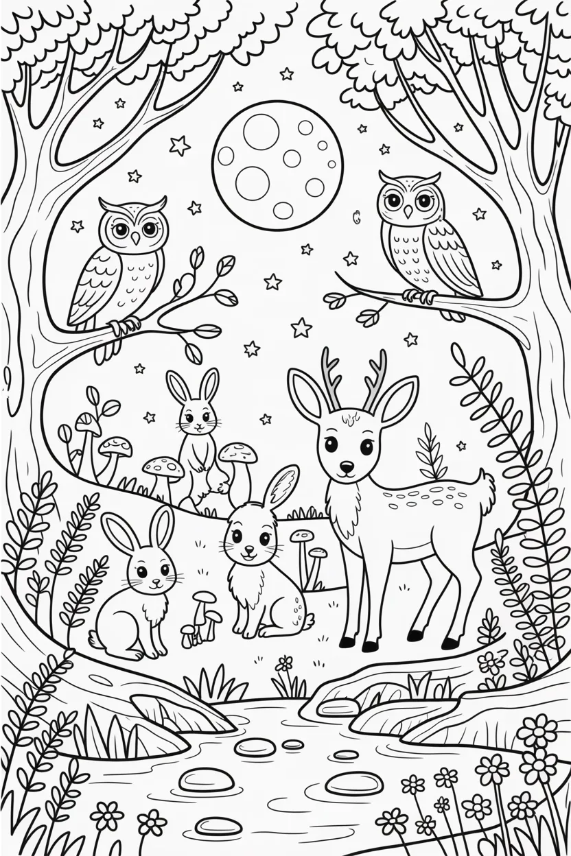 5 forest animals coloring pages night scene free printable