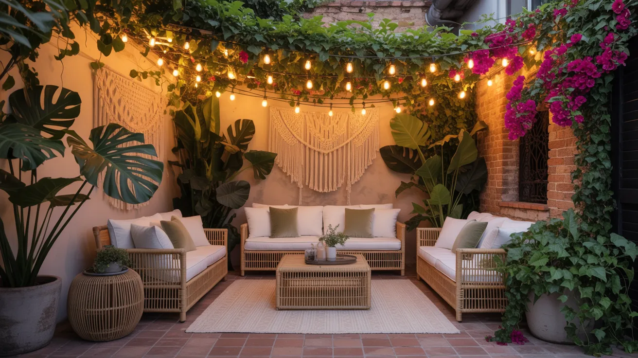 Stunning boho patio transformation with wicker furniture, macrame wall hanging, and Edison string lights overhead surrounded by lush tropical plants