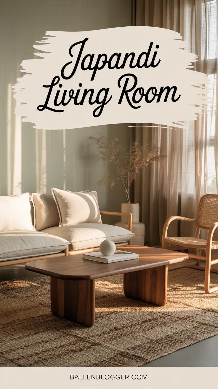 Japandi bedroom with low walnut platform bed, white linen duvet, charcoal pillows, wabi-sabi ceramic lamp, and bonsai on windowsill.