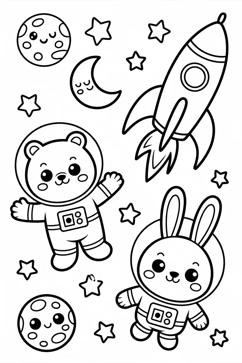 Kawaii animals in space coloring pages free printable