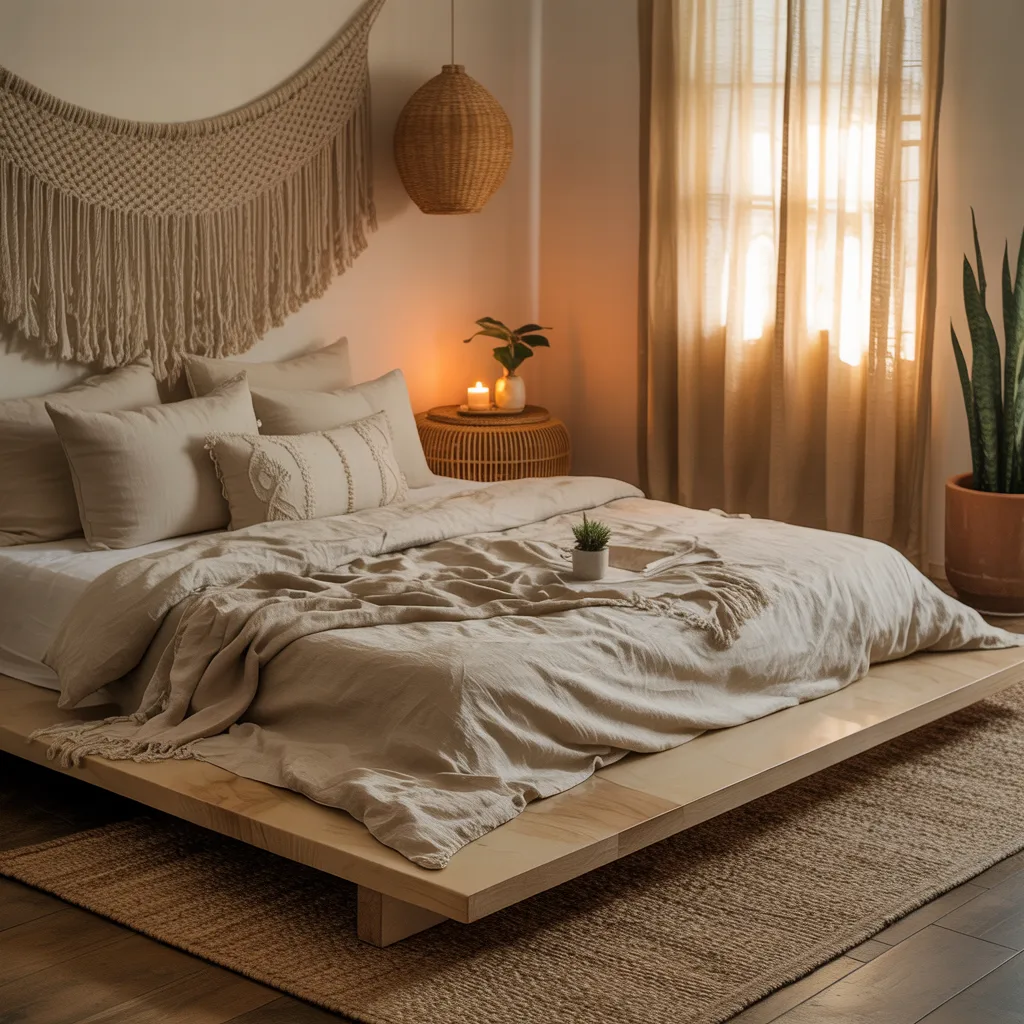 Boho minimalist bedroom with rumpled oatmeal linen bedding, macramé wall art, and morning light through sheer curtains