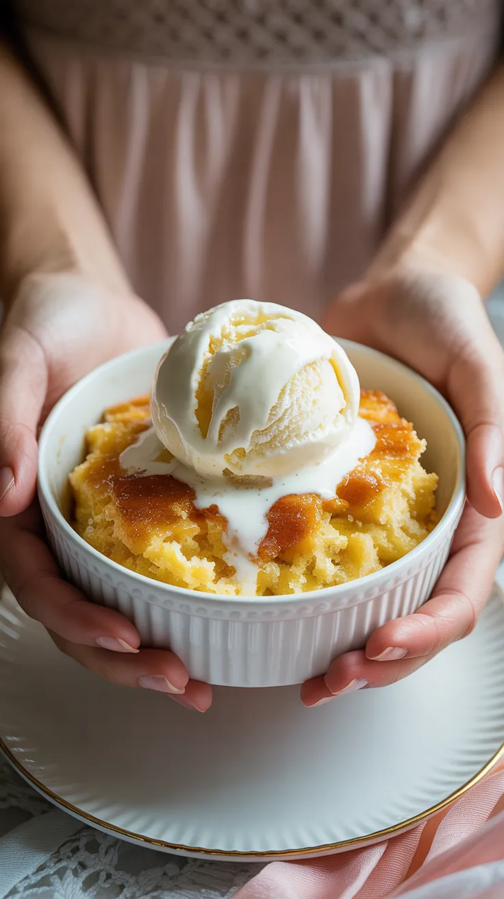 Hands holding white bowl of warm pineapple dump cake with melting vanilla ice cream