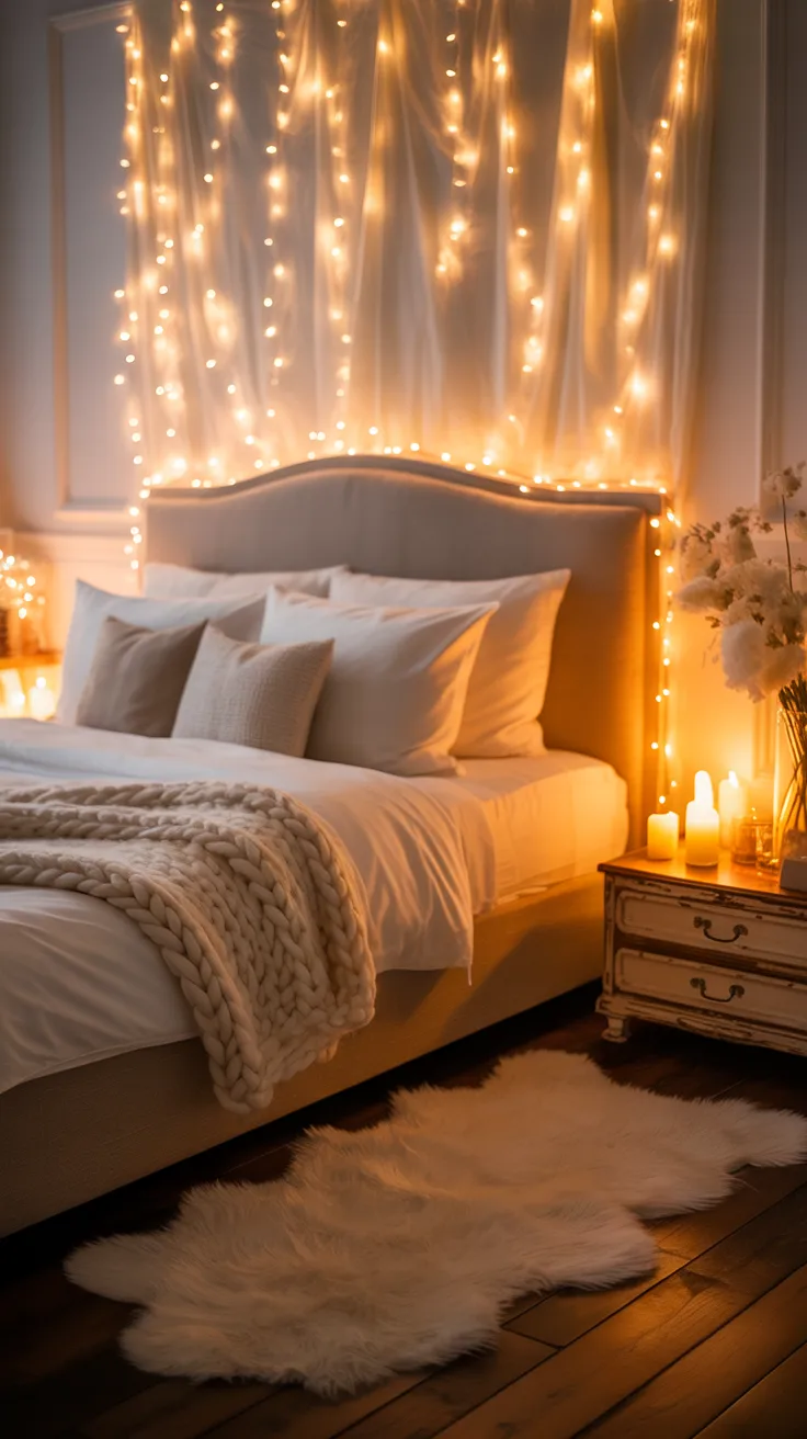 romantic cozy bedroom with string lights draped behind headboard, candles glowing on dresser, layered white bedding, soft textured rug, dreamy warm glow, evening ambiance, emotional lighting, ultra cozy aesthetic