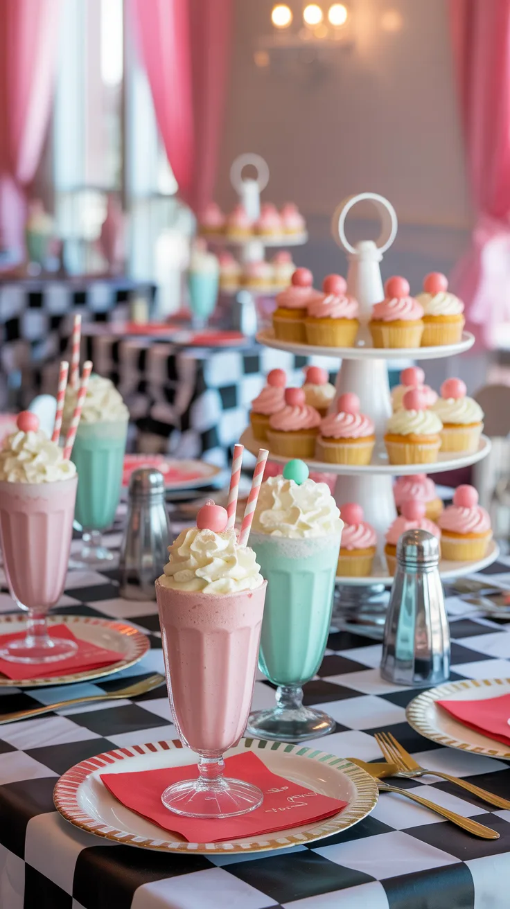 Dreamy 1950s diner-themed bridal shower scene with checkered tablecloth and pastel milkshake centerpieces