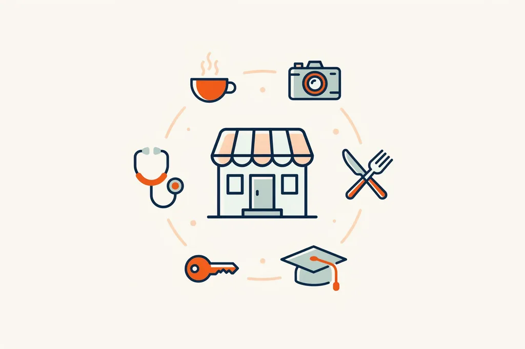 Illustration of varied small business icons orbiting a central storefront, representing diverse industries