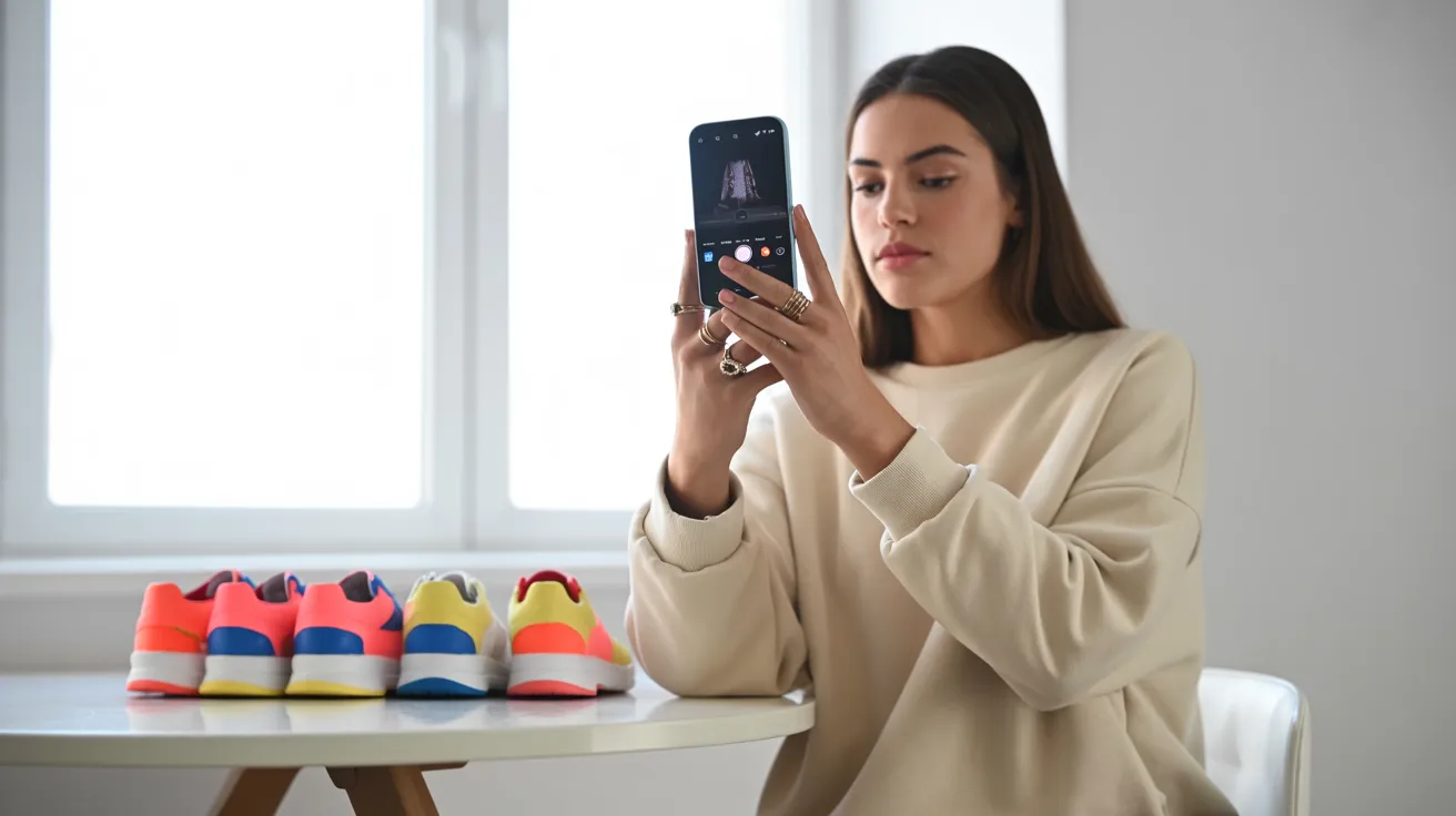 Woman photographing colorful sneakers for resale on smartphone
