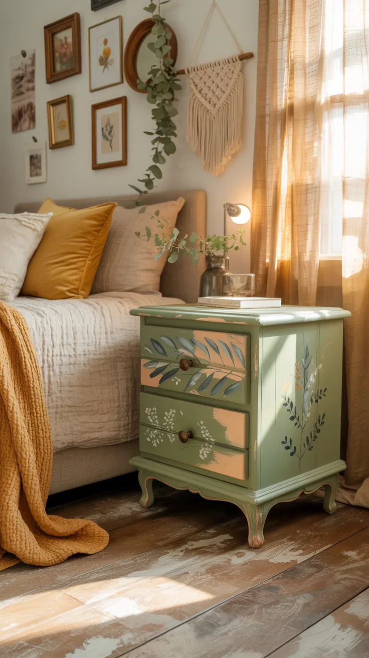 cozy bedroom featuring painted thrifted nightstand, handmade wall art, layered bedding, warm sunlight, realistic DIY aesthetic