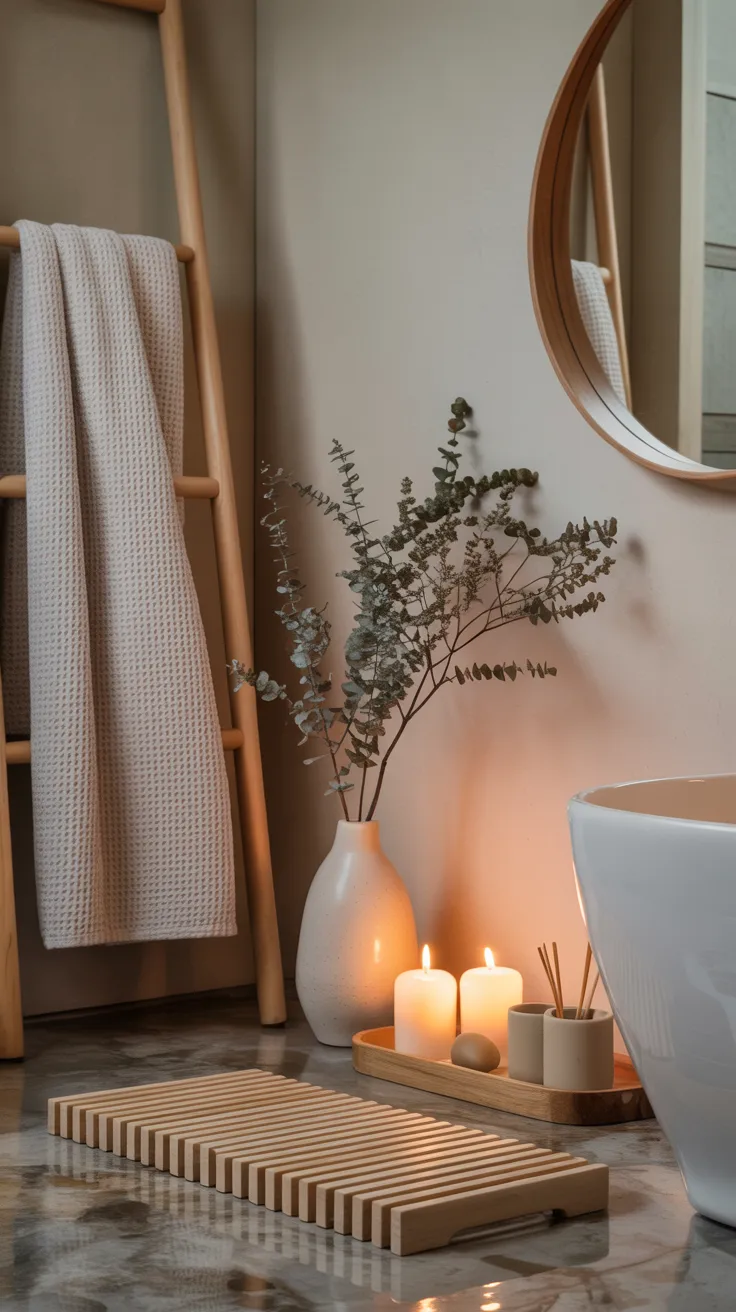 Japandi bathroom with round bamboo mirror, teak floor mat, matte black soap dispenser, charcoal linen towels, and floating walnut shelf with candle and fern.