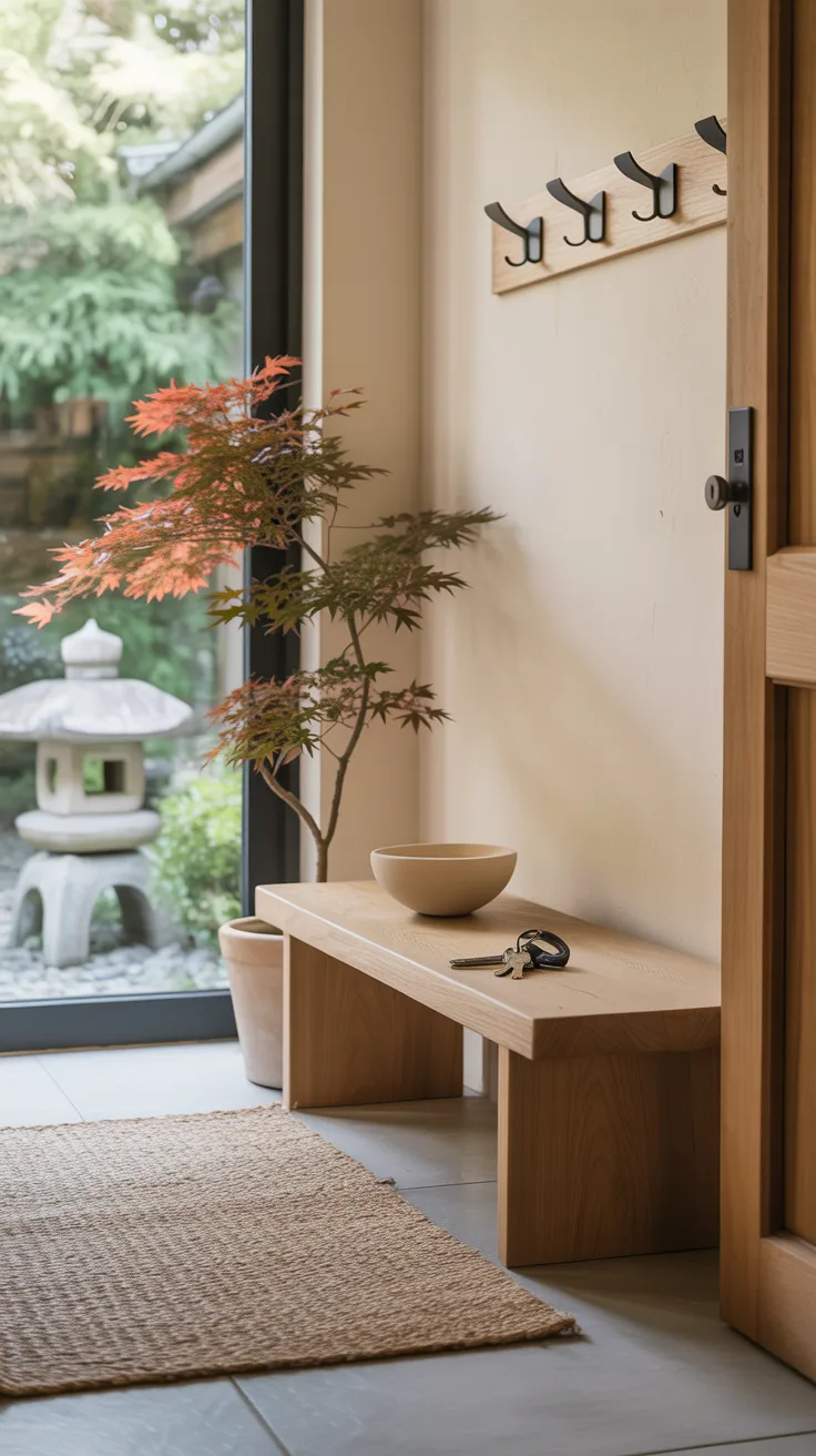 Japandi entryway with dark walnut bench, matte black wall hooks, ceramic catch-all tray, sculptural branch in tall floor vase, and natural jute doormat.