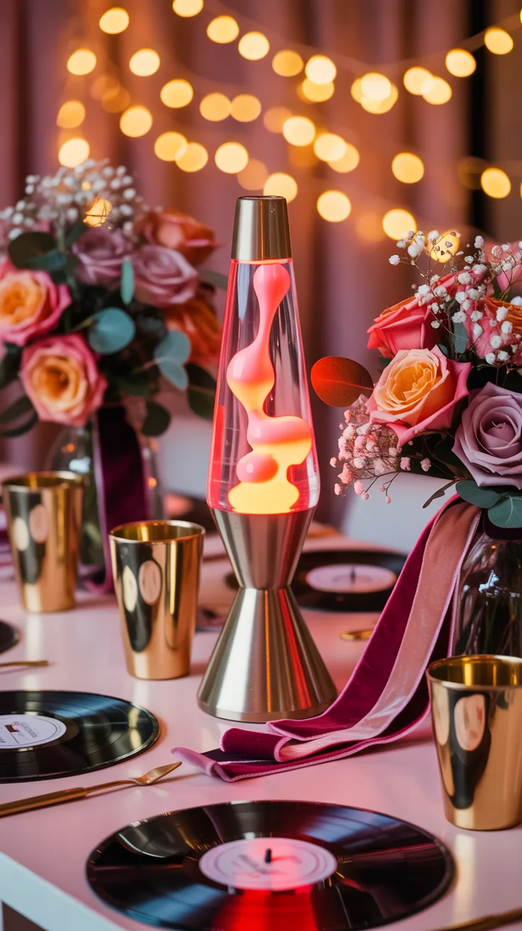 Dreamy 70s disco bachelorette party table setup with lava lamp centerpiece and vinyl record coasters