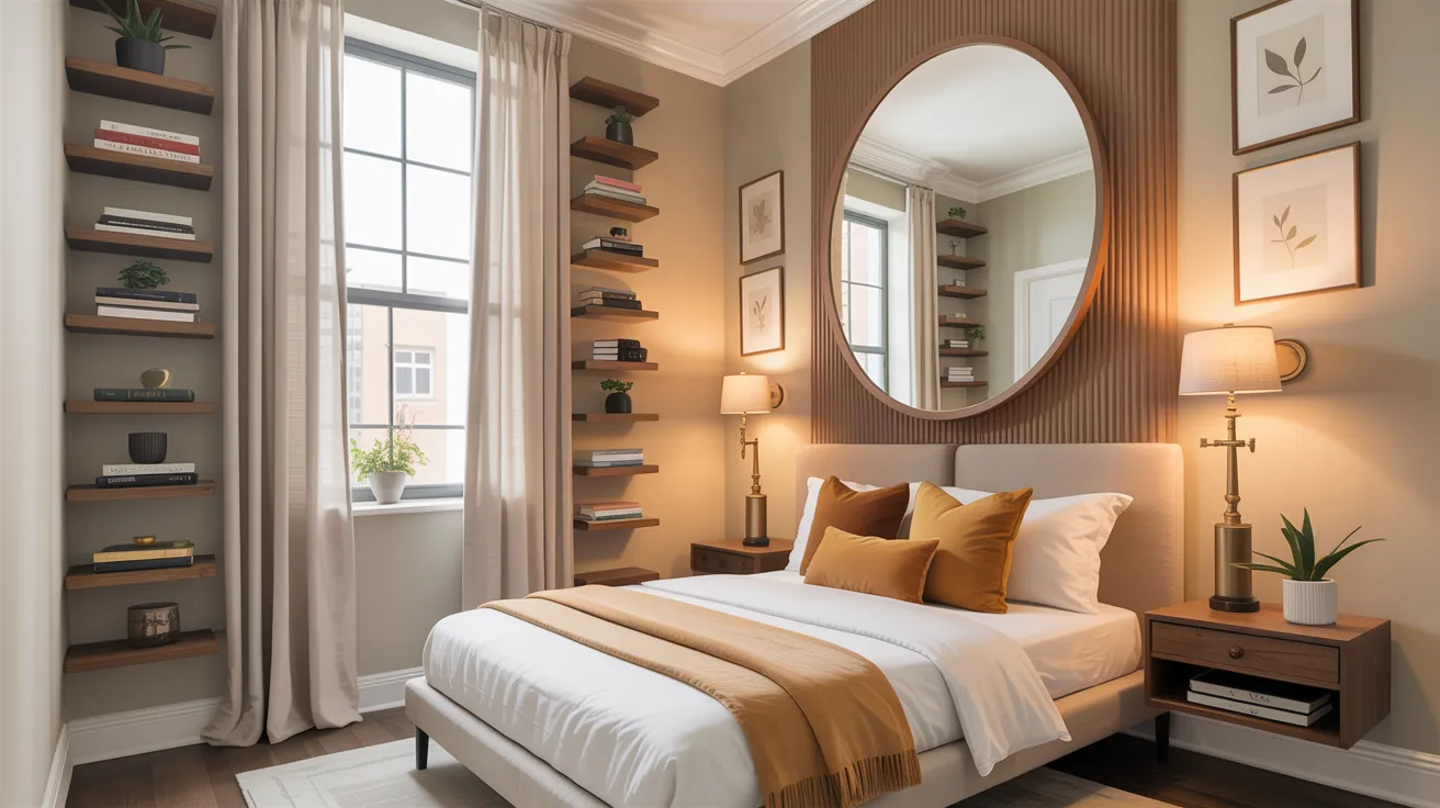 A small bedroom using vertical design beautifully, tall curtains, floating shelves, wall sconces, mirror, art placed high for height, compact floor plan, warm neutral palette, airy and intentional small space styling, elevated apartment bedroom look