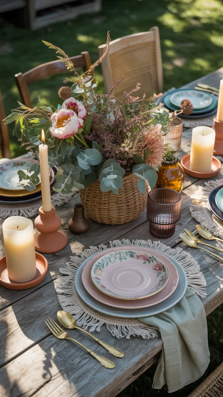 DIY patio accessory flat lay with boho outdoor rugs, fairy lights, terracotta planters with succulents, macrame plant hanger and paint swatches in sage and dusty rose on weathered wood