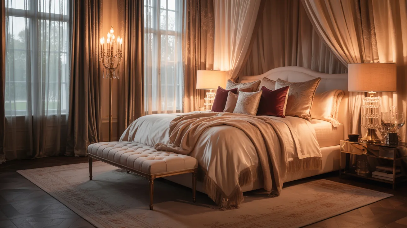 A romantic bedroom filled with plush and flowing textures, velvet pillows, draped curtains, an upholstered bench, layered bedding, a soft rug, warm lighting,  an intimate, dreamy atmosphere, elegant and inviting bedroom styling