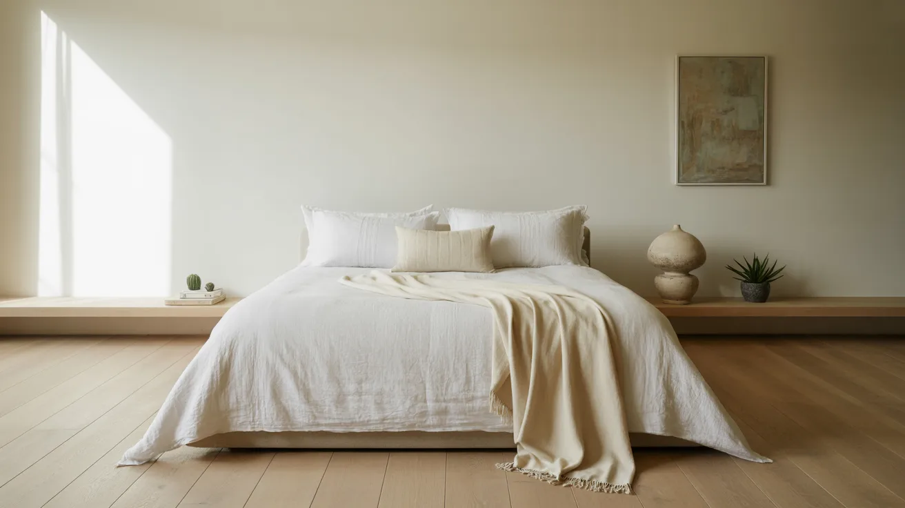 A peaceful minimalist bedroom with only essential furnishings, a simple bed, soft bedding, a clean nightstand, subtle art, pale wood, uncluttered surfaces, natural daylight, a quiet luxury mood, restful and intentional design