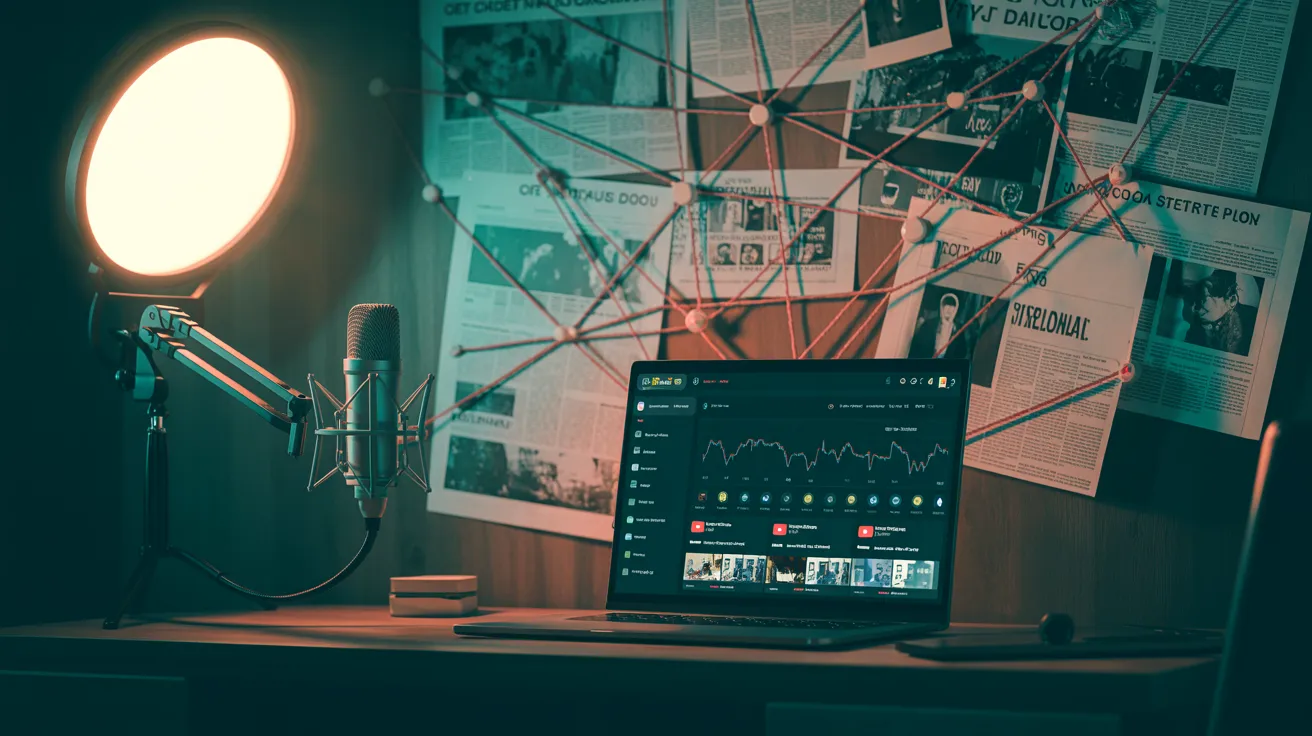 True crime YouTube channel recording equipment setup with dark cinematic lighting