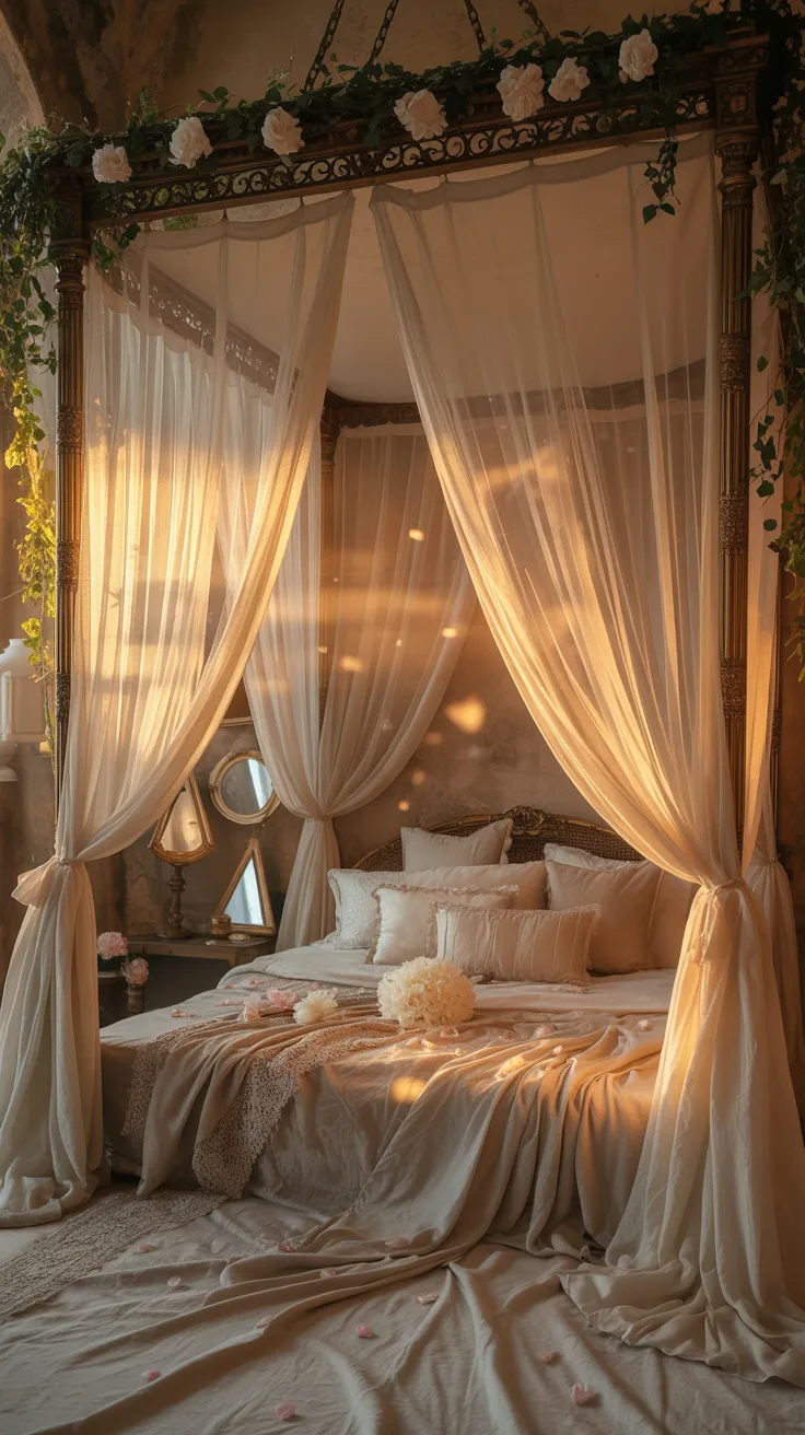 dreamy canopy bed with sheer drapes flowing, soft neutral bedding, romantic warm lighting, ethereal aesthetic