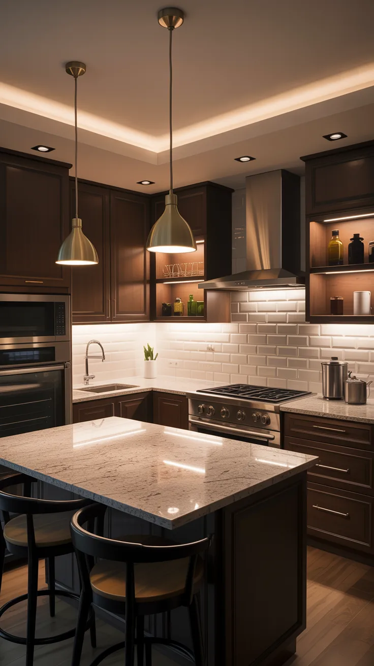 A modern luxury kitchen interior with dark brown wooden cabinets and a white marble island countertop. Two brass pendant lights with dome-shaped shades hang above the island. The kitchen features white subway tile backsplash extending from the counter to the ceiling, with recessed LED lighting underneath the upper cabinets creating warm ambient light. A stainless steel range hood and professional-grade gas range are installed in the corner. The countertops are made of polished white marble with gray veining. Three black bar stools with wooden seats are positioned at the island. The flooring is light brown hardwood planks running parallel to the counter. Built-in stainless steel appliances include an over-range microwave and a wall-mounted oven. The ceiling has a tray design with LED cove lighting creating a warm glow along the perimeter. Small decorative items and kitchen accessories are visible on the open shelving above the counter. The overall lighting creates a warm, golden ambiance throughout the space.