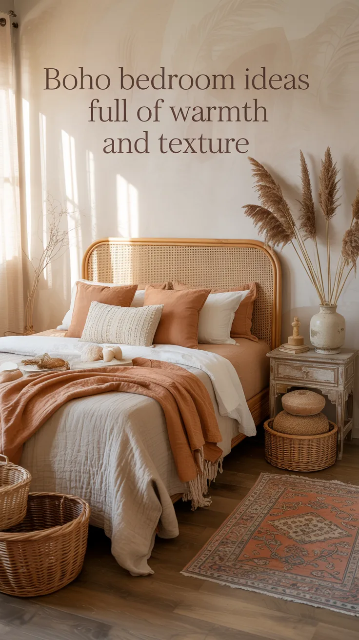 A warm boho bedroom full of texture and personality,  rattan headboard, layered linen bedding, terracotta and cream tones, woven baskets, pampas grass, vintage rug, wood furniture, cozy natural light, earthy decor, relaxed artistic styling, realistic interior photo, collected and soulful aesthetic, trendy but timeless, rich textures