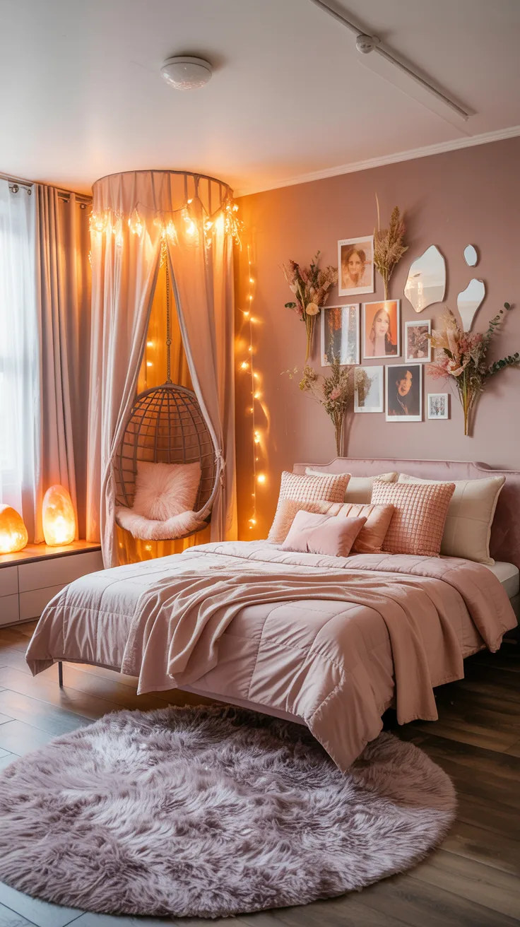 teen girl bedroom with fairy lights, soft pink bedding, wall collage art, plush rug, warm lighting trendy aesthetic, youthful but calm