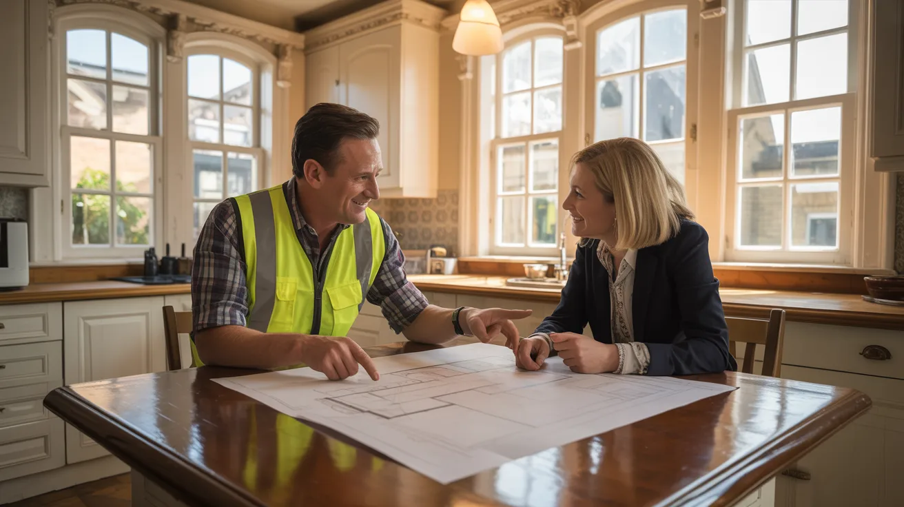 London builder reviewing extension plans with homeowner