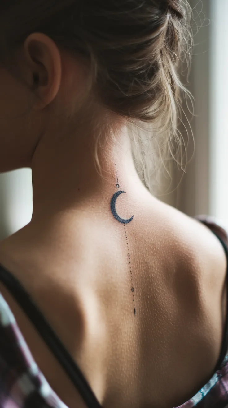 Close-up of a crescent moon tattoo hanging from a delicate chain tattoo on the back of a woman's neck. The chain is thin and elegant. Her hair is pulled up. Soft, natural window light. Feminine and unique.