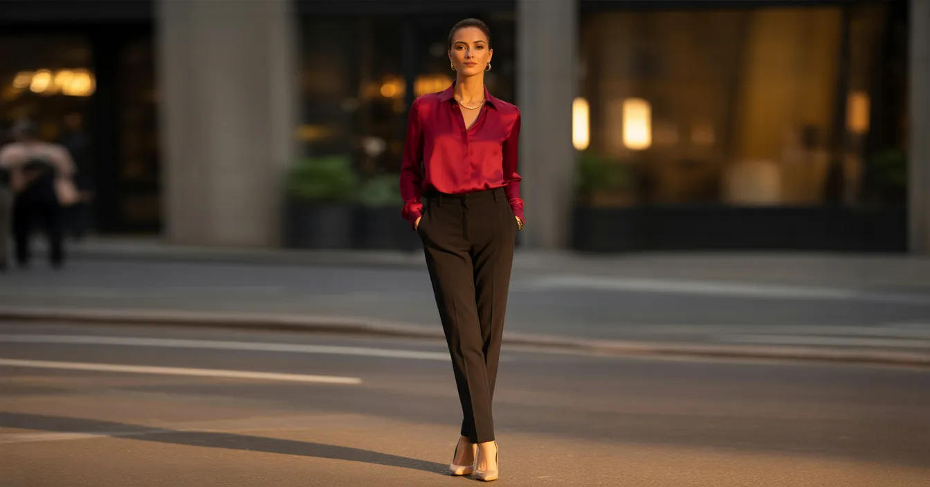 Bold Red Blouse With Black Trousers
