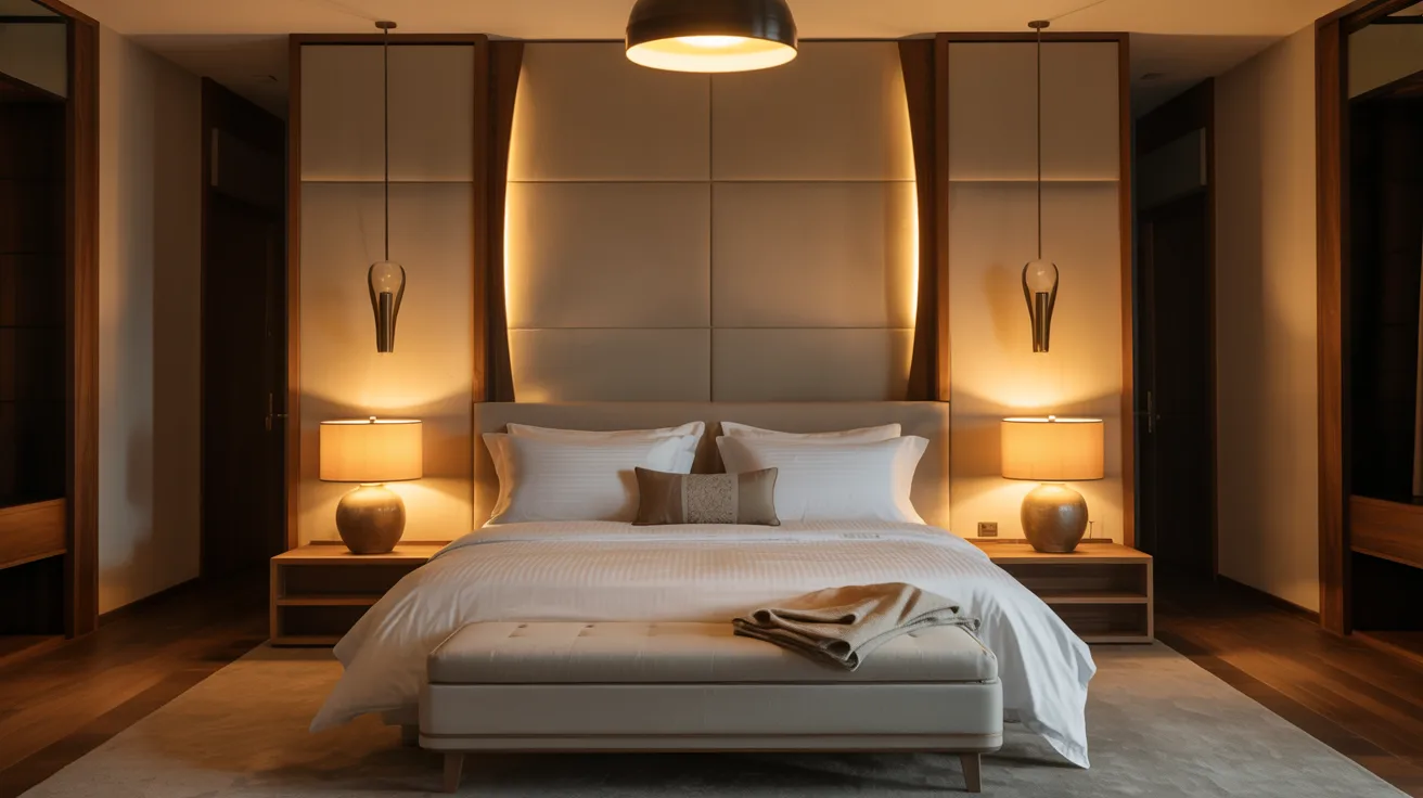 A stylish bedroom with layered lighting design, overhead pendant, bedside lamps, wall sconces, warm glow, beautifully made bed, polished and cozy atmosphere, functional yet luxurious lighting setup