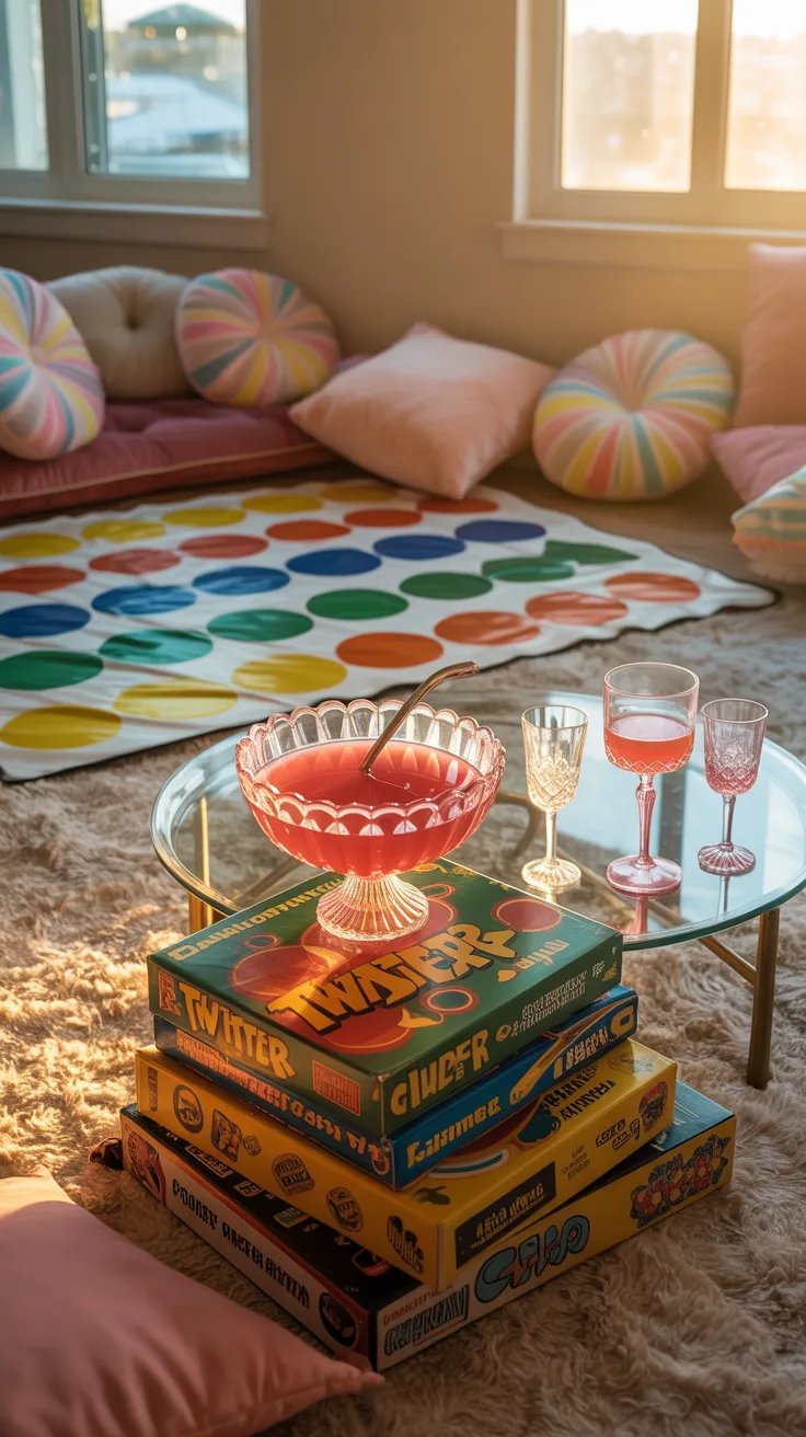 Cozy retro bachelorette party game night with Twister mat and vintage board games