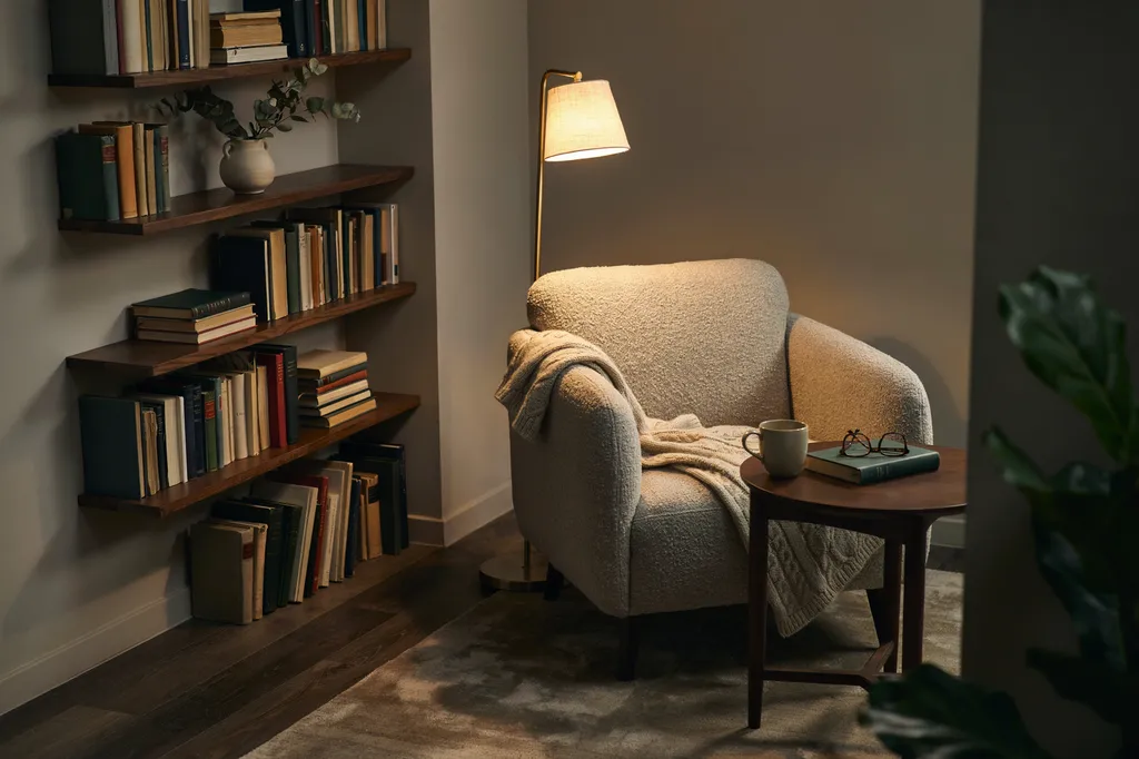 Armchair reading nook at night with a slim floor lamp standing just behind and beside the chair, a small side table at armrest height, a low bookshelf forming one wall and a rug marking the floor change