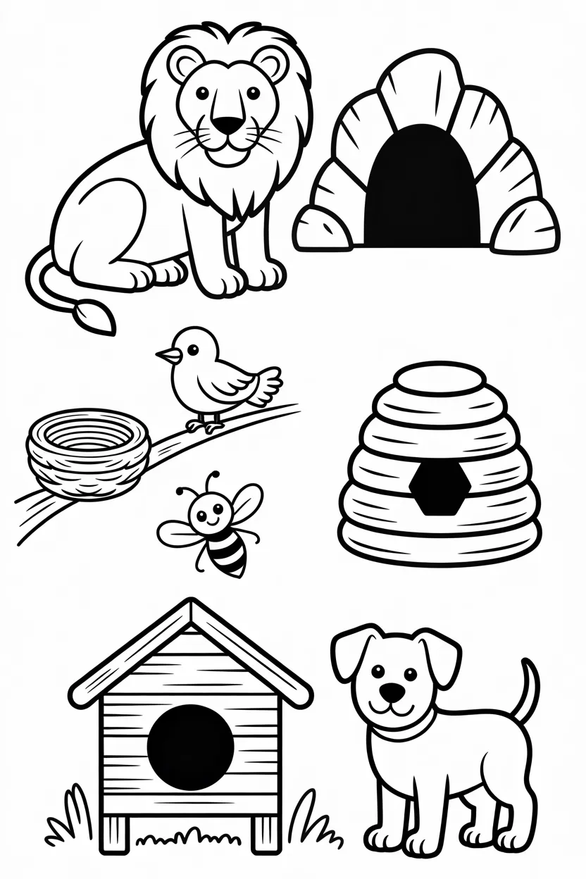 Animal Homes Coloring Pages Kids Printable Worksheet
