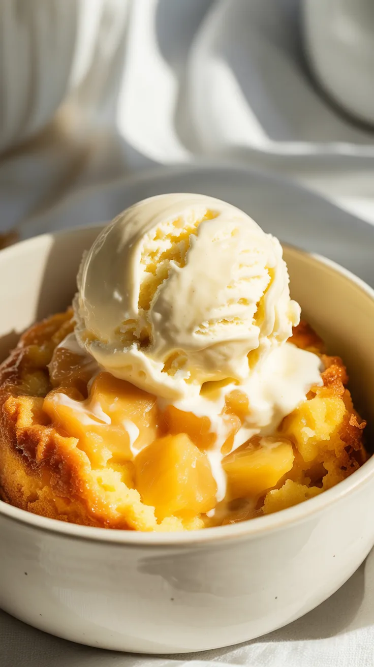 Close-up of warm pineapple dump cake scoop in a white ceramic bowl with golden buttery crust