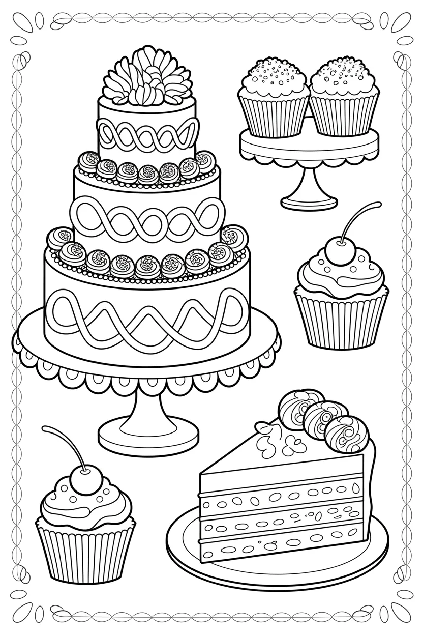 5 Cakes coloring pages free printable