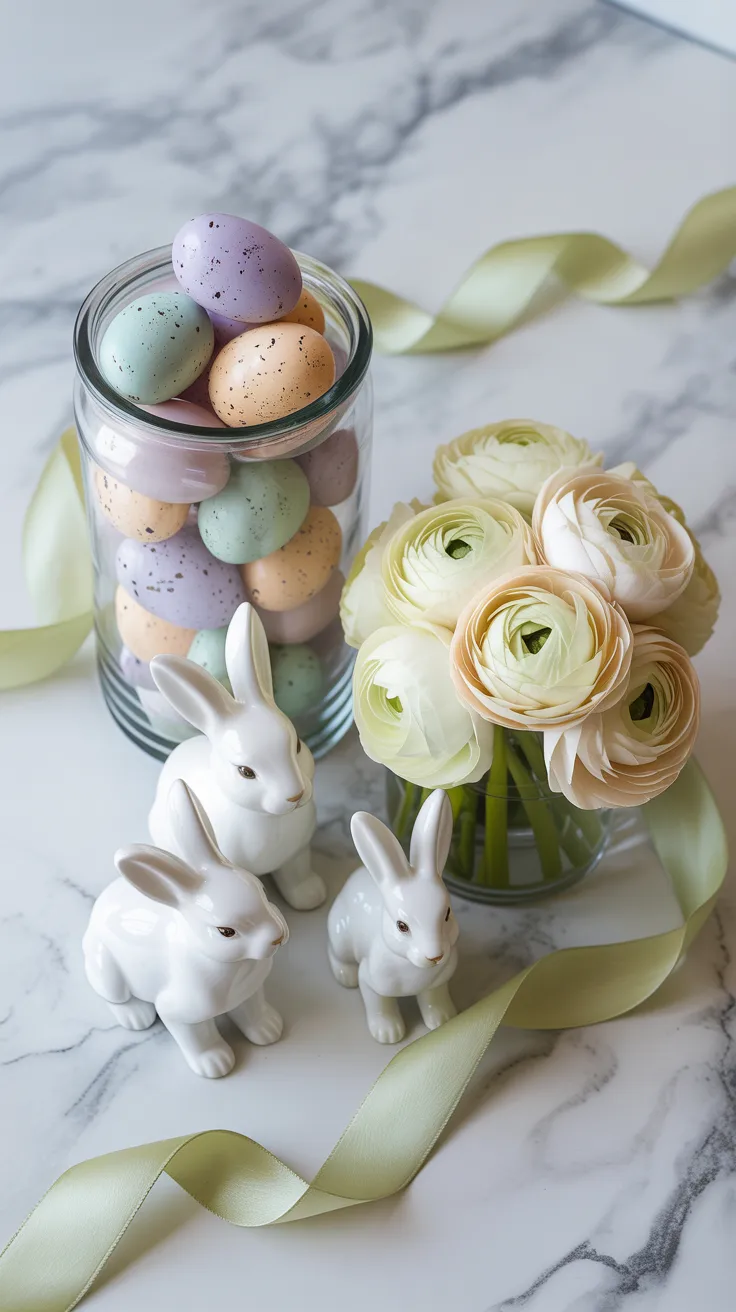 Easter coffee table with pastel eggs, bunny figurines, and white tulips