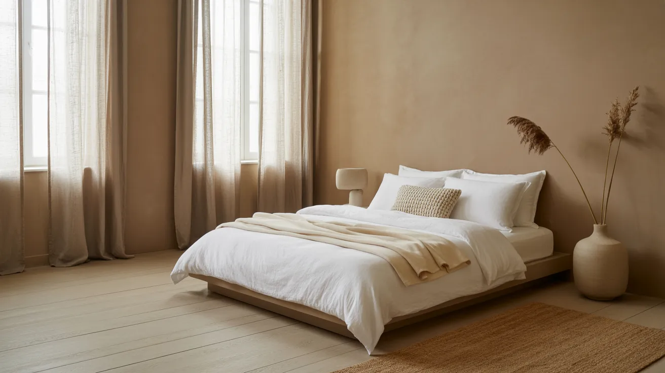 A soft minimalist bedroom in white, cream, taupe, and pale wood, a low bed, airy curtains, subtle textures, simple decor, serene and clean atmosphere, and elevated simplicity with a premium design feel