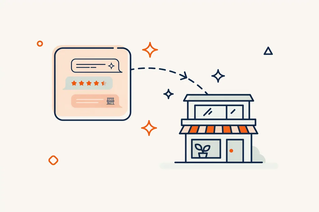 Illustration of an AI chat interface recommending a local storefront with a star rating