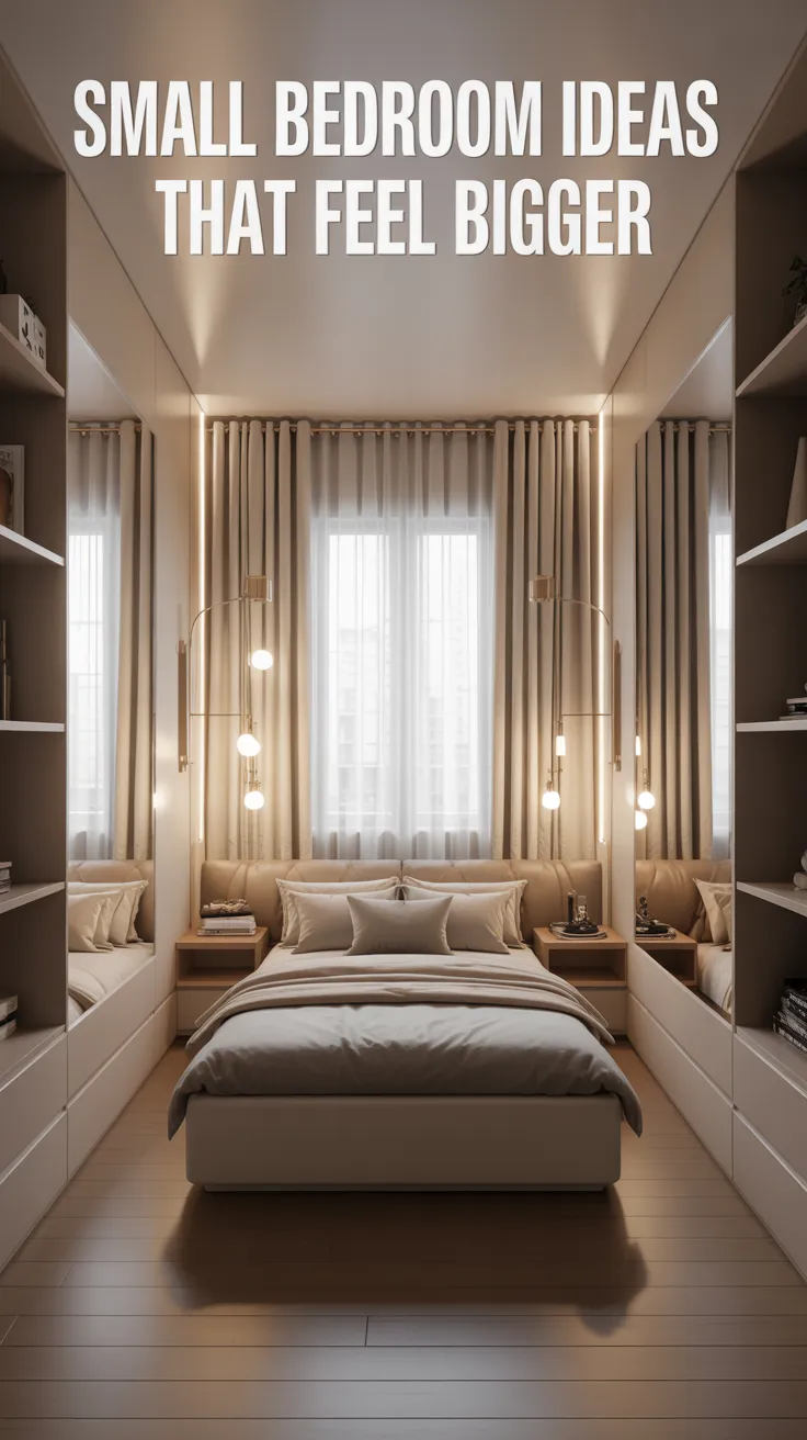 A beautifully designed small bedroom that feels open and airy, compact layout with smart furniture placement, storage bed, slim nightstands, wall sconces, tall curtains, mirror reflecting light, soft neutral bedding, realistic small space styling, bright and uncluttered, intentional organization, cozy but spacious visual effect, modern apartment bedroom, ultra realistic interior photo