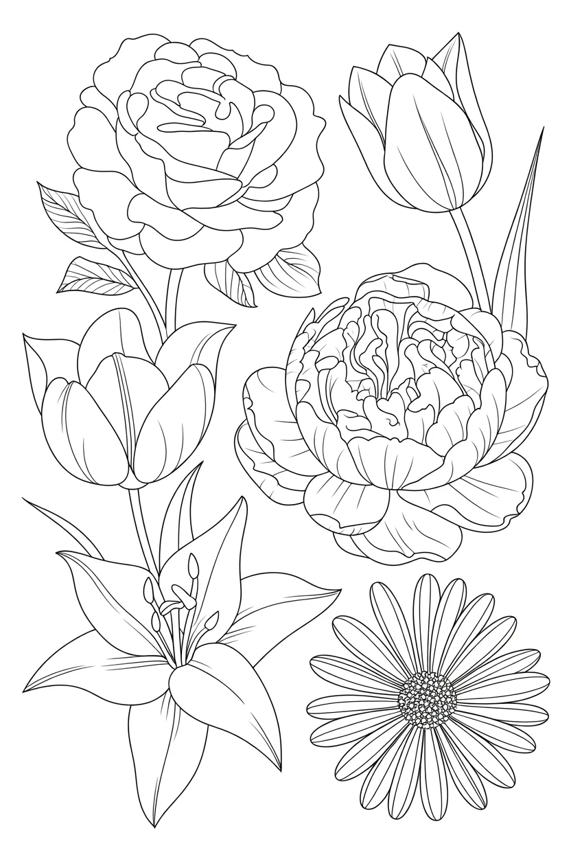5 flowers coloring pages free printable
