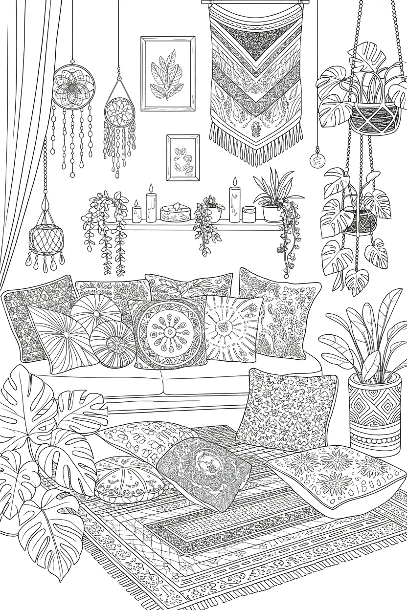 Boho style room coloring pages free printable